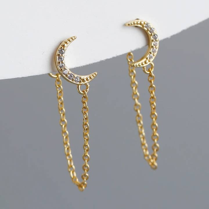 Sterling Silver Crescent Moon Chain Drop Earrings for wholesale by happyzzzsu