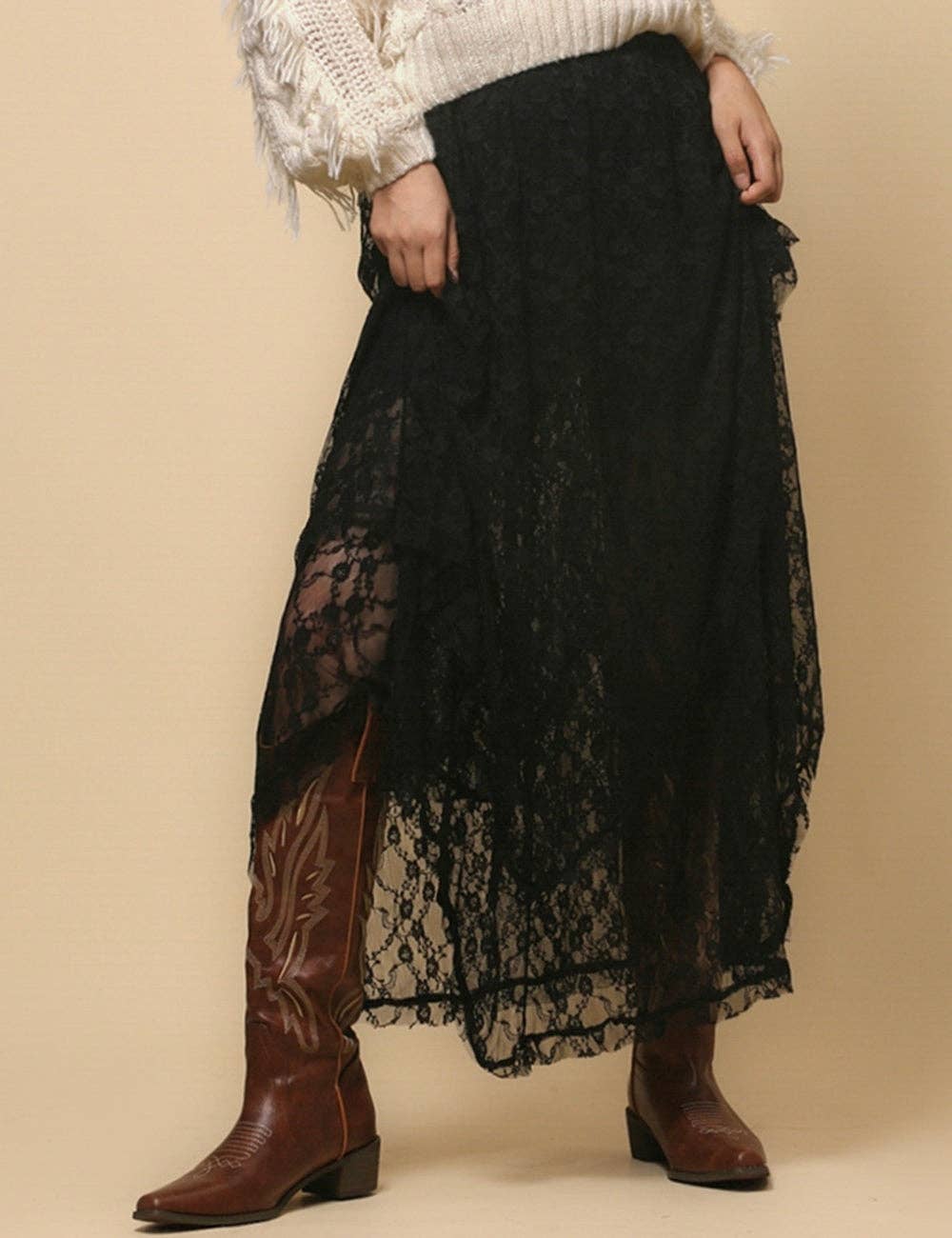 Sweetkama - Vente Jupe – femme - Jupe mi-longue en dentelle florale de couleur unie pour femmes SKS480126