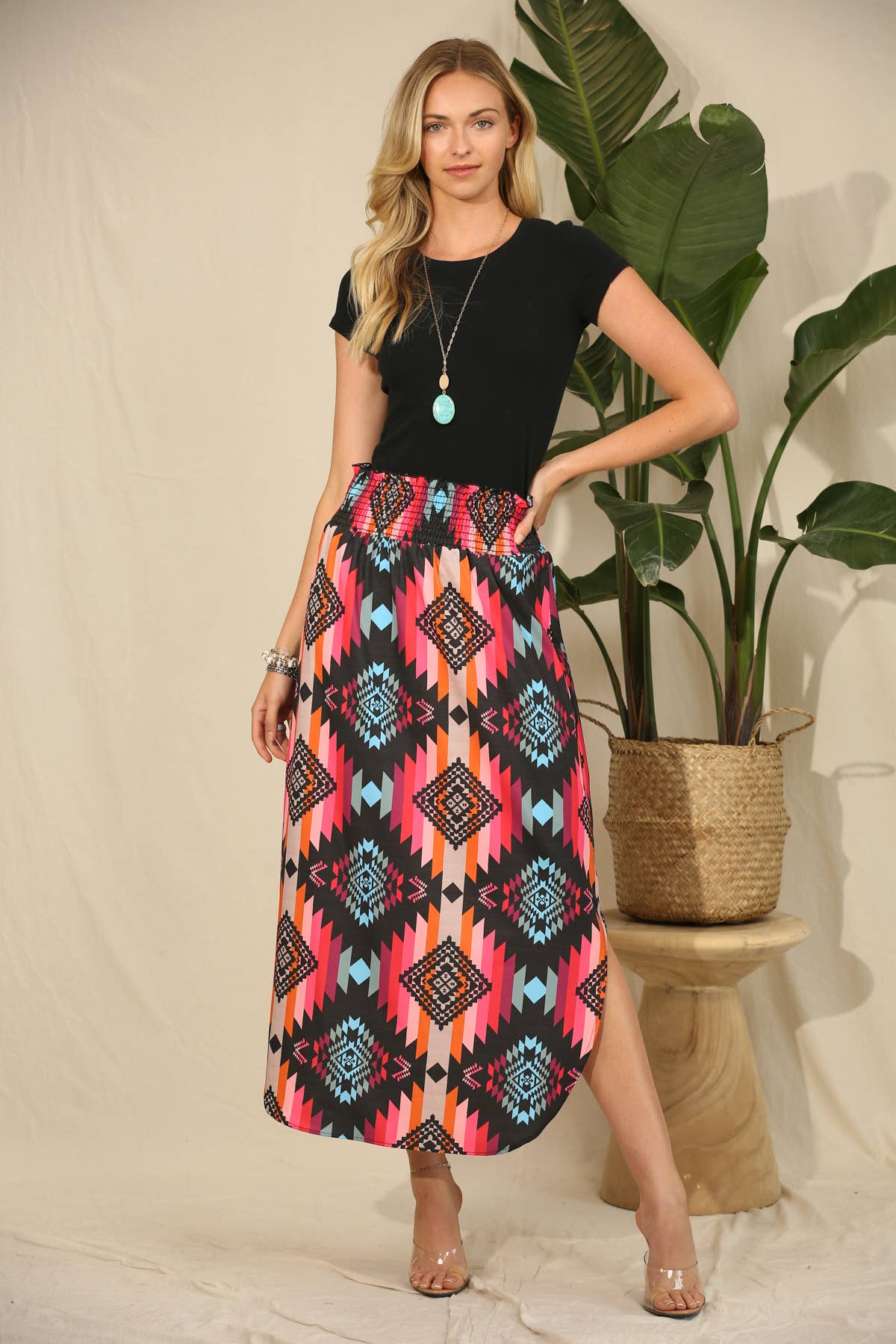 BLACK HOT PINK AV1213-ALANA AZTEC PRINT SMOCK WAIST MAXI SKIRT for wholesale on Faire6