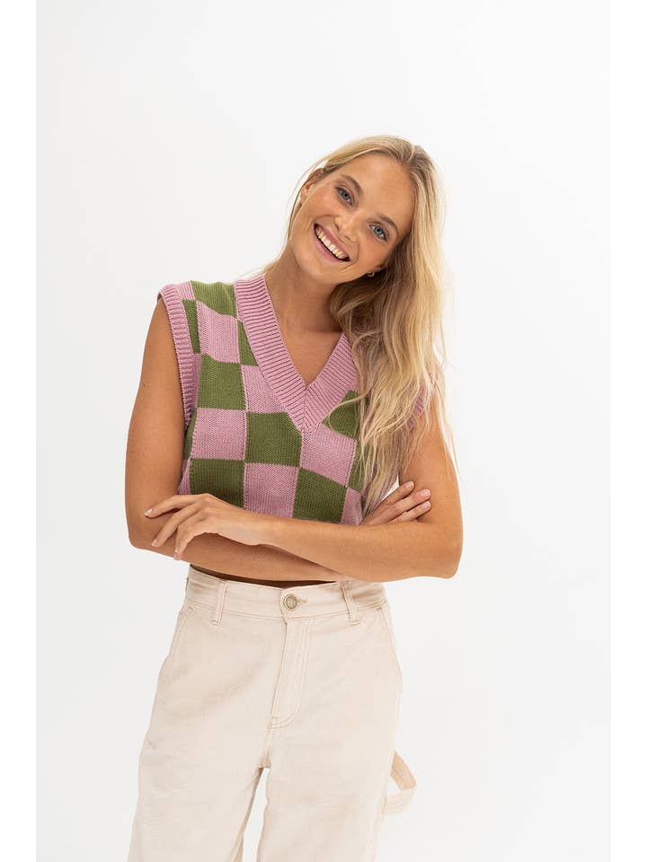 Tipi Tent - Wholesale Sweater Vest - Women's - Green Checkered Vest3