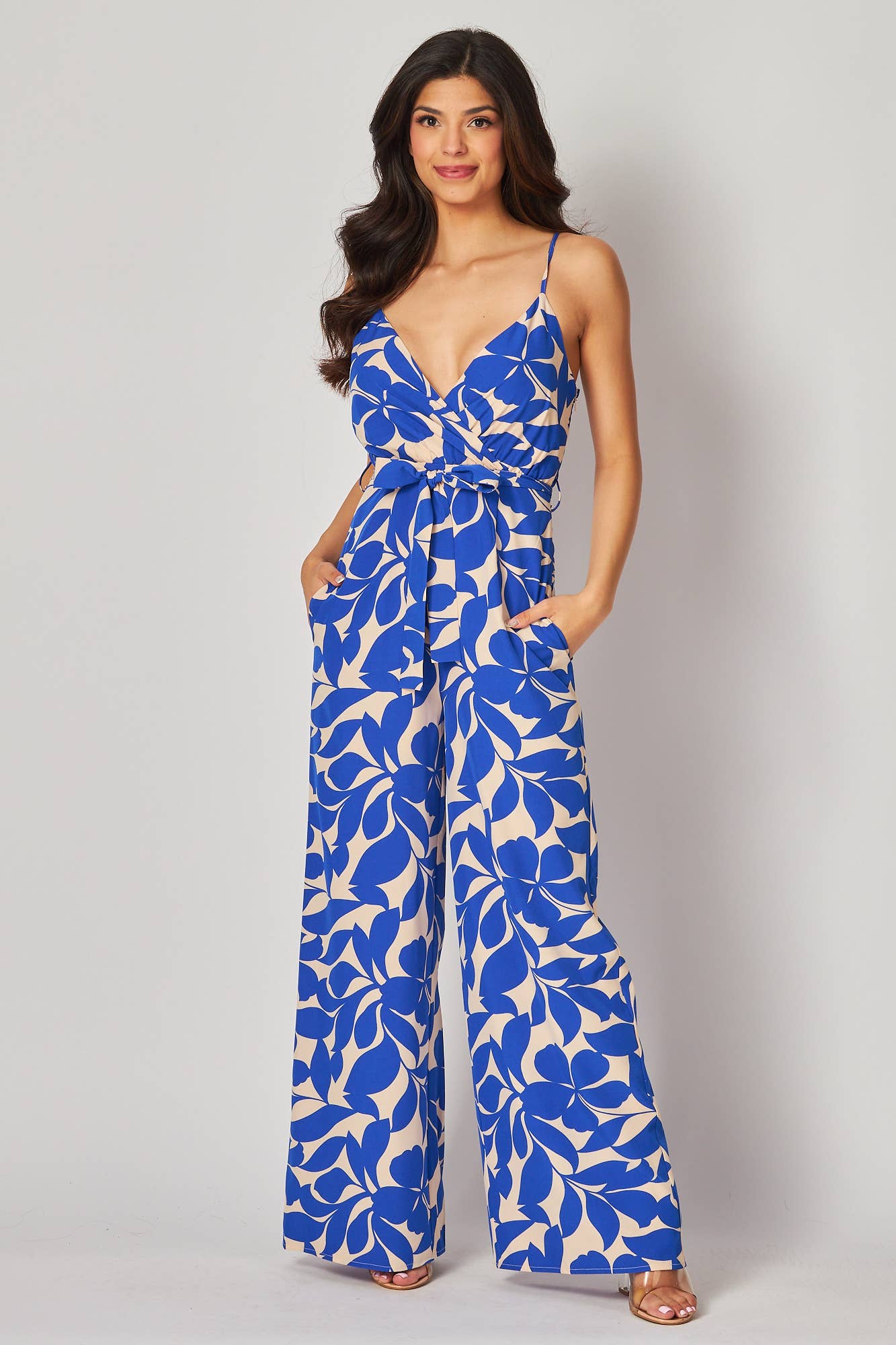 B I G H I T Fashion - Wholesale Jumpsuit - Women's - Leaf Print Jump-suit with Side Pocket HR2534-BLUE