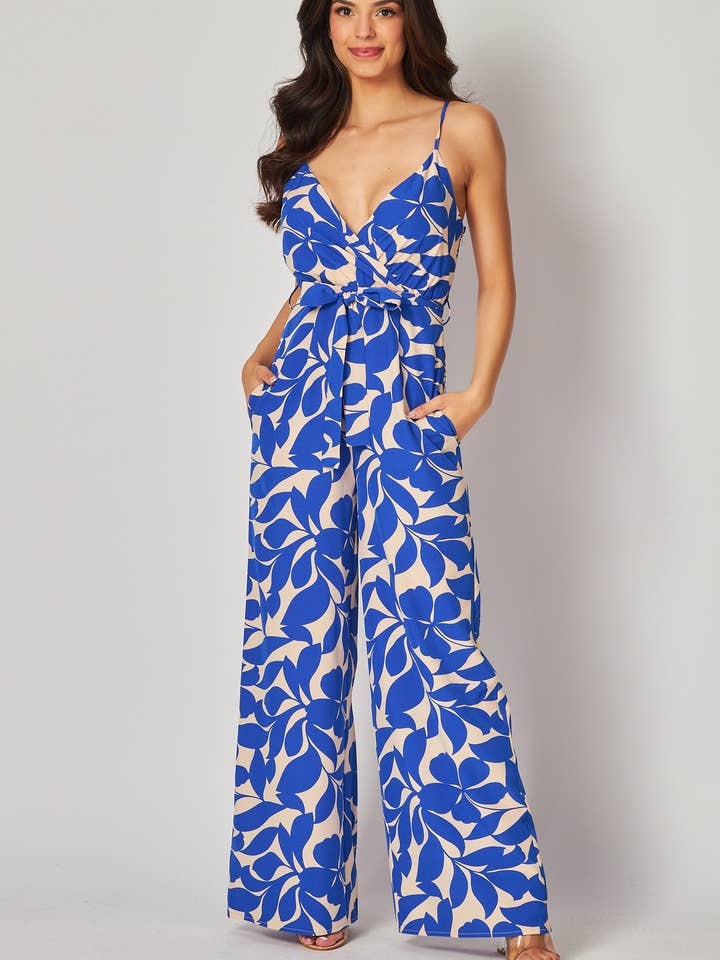 B I G H I T Fashion - Wholesale Jumpsuit - Women's - Leaf Print Jump-suit with Side Pocket HR2534-BLUE0
