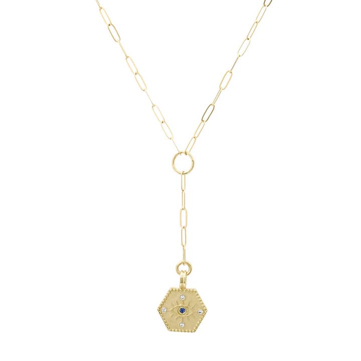 Collier Y Petit Œil Maléfique en Or 14k avec Diamant et Saphir pour la vente par Elliot Young Fine Jewelry