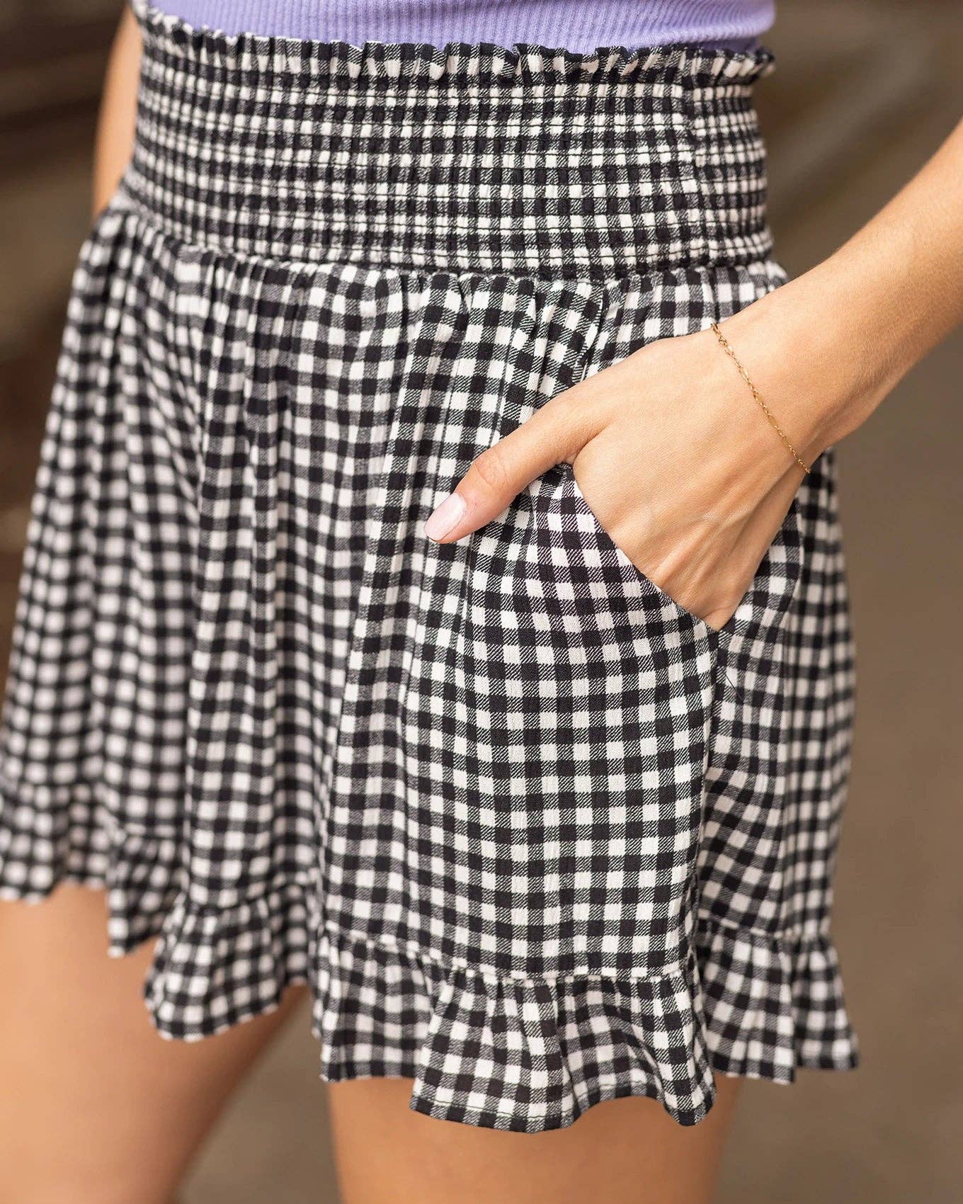 Smocked Summer Shorts in Black Gingham for wholesale on Faire5