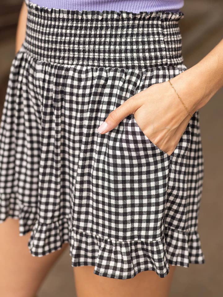Smocked Summer Shorts in Black Gingham for wholesale on Faire5