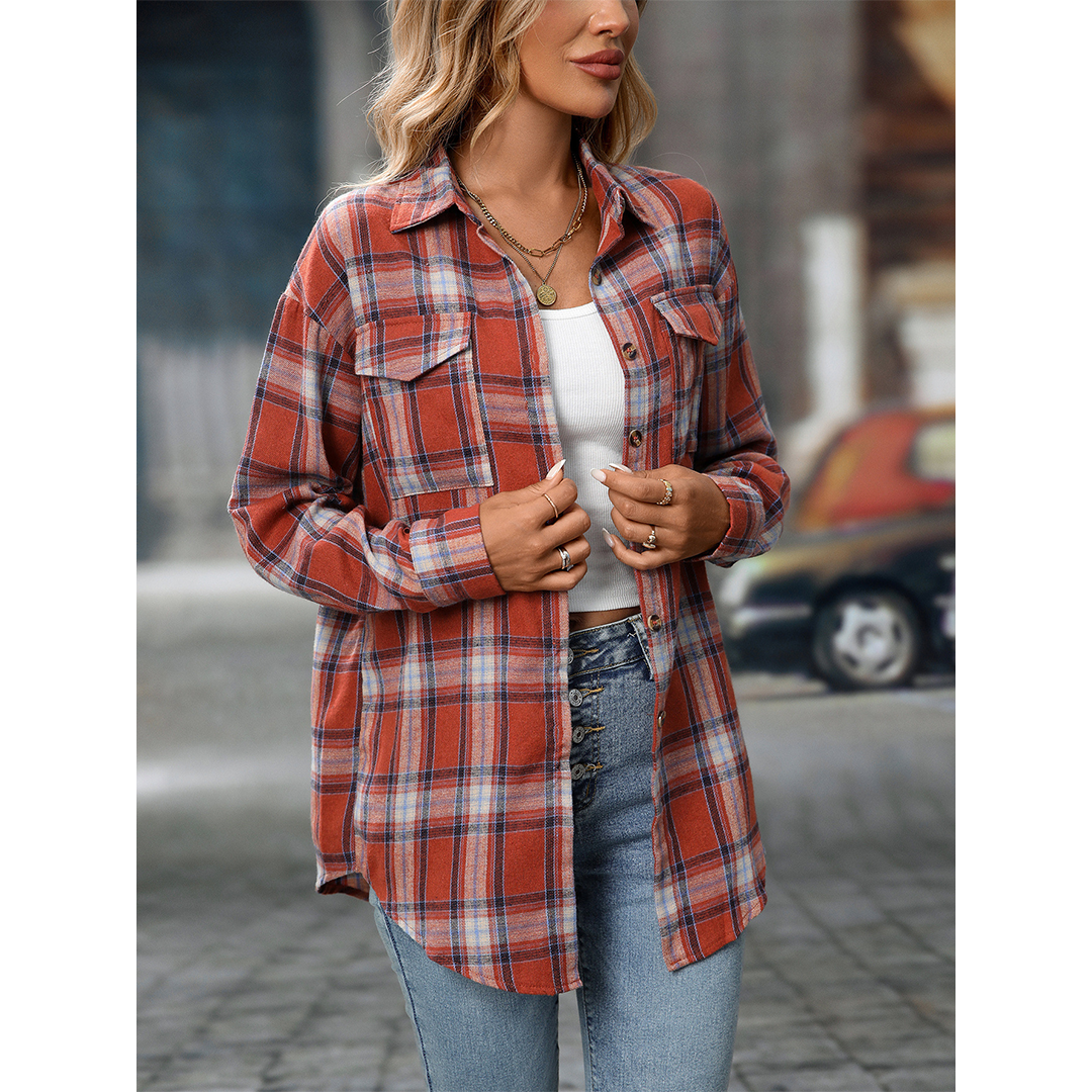 UNISHE - Wholesale Shirt - Women's - Casual Loose Fit Plaid Pockets Button-Down Shirt MD2139