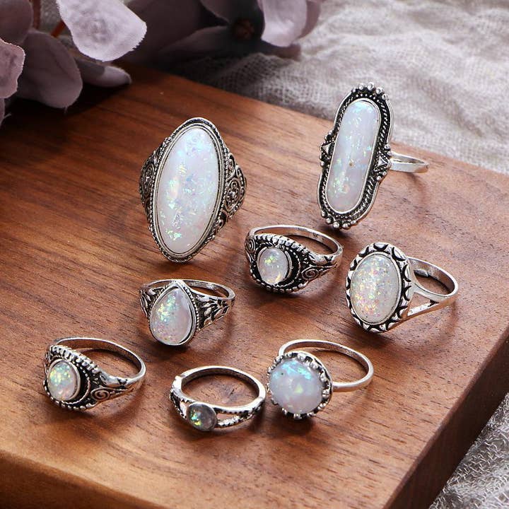 8-Piece Opal & Austrian Crystal Oxidized Ring Set for wholesale by Golden NYC Jewelry