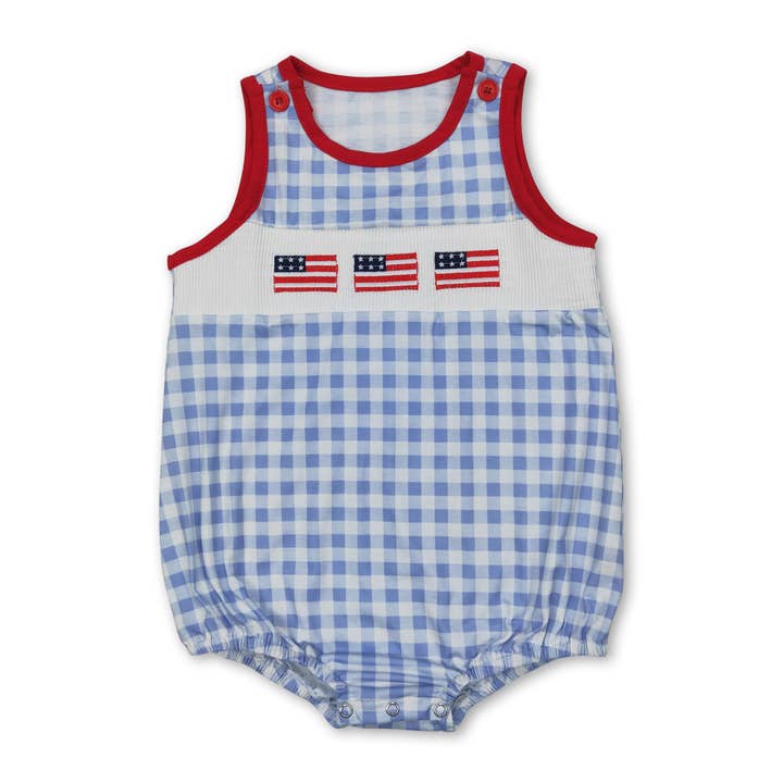 Yawoo Garments - Wholesale Dress - Kids - Light blue plaid flag smocked girls 4th of july dresses