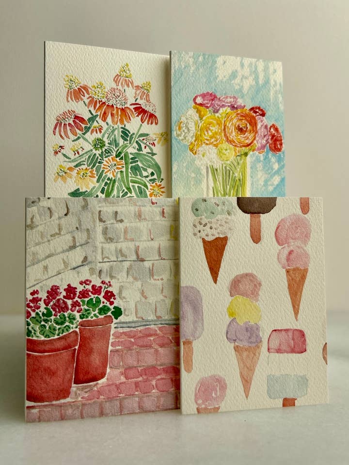 Set of 4 Mini Watercolor Cards - Summer Lovin' (2.5x3.5") for wholesale by Catherine Davis Studio