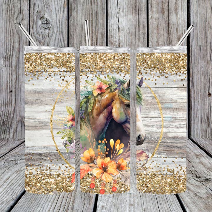 Gold Glitter Horse Skinny Tumbler for wholesale by Crafting in Chaos
