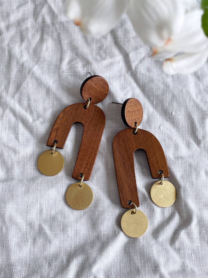 Geometric wood statement dangle earrings - Manhattan Walnut for wholesale by Pearl and Ivy Studio