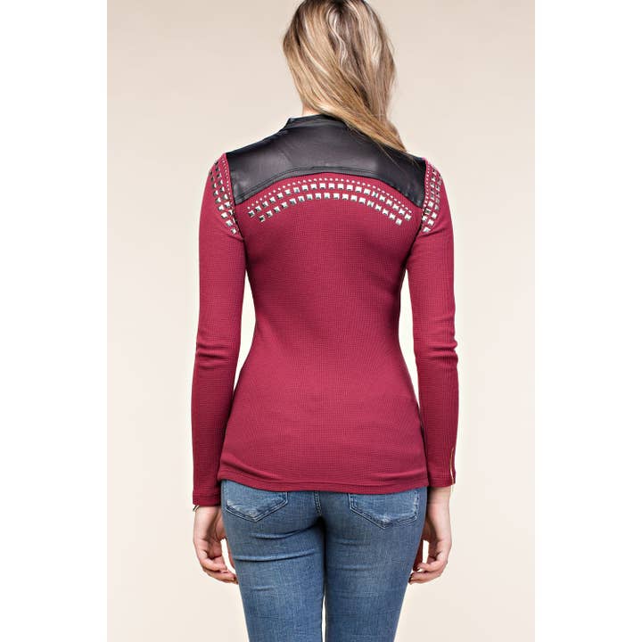 BURGUNDY FAUX LEATHER BIKER JACKET WITH STUDS for wholesale on Faire4