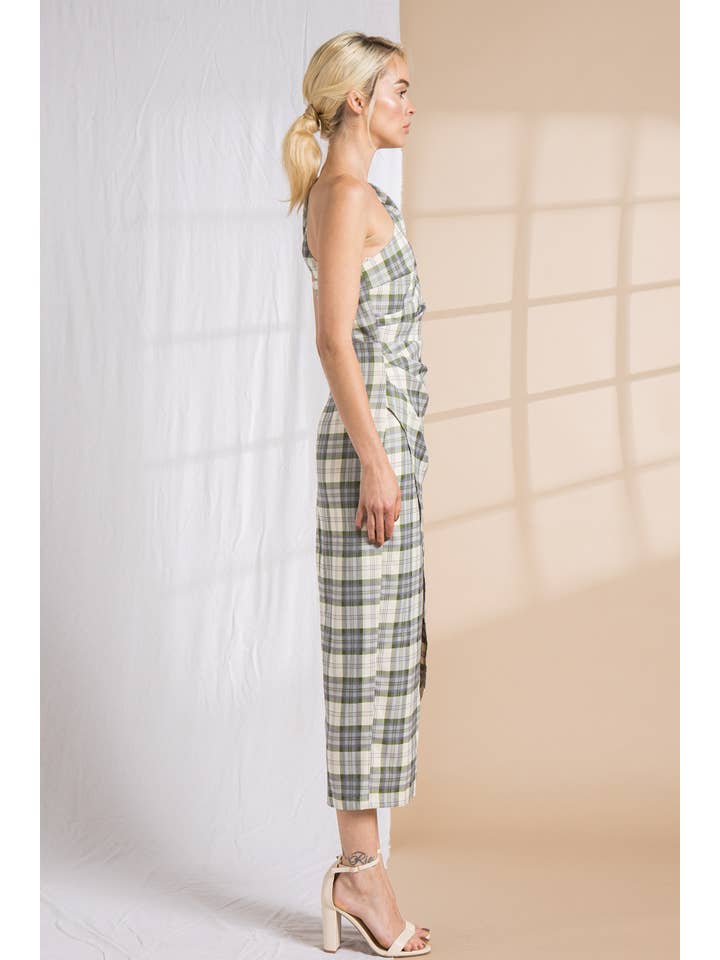 Crème/vert/violet Robe midi asymétrique à carreaux en vente sur Faire2