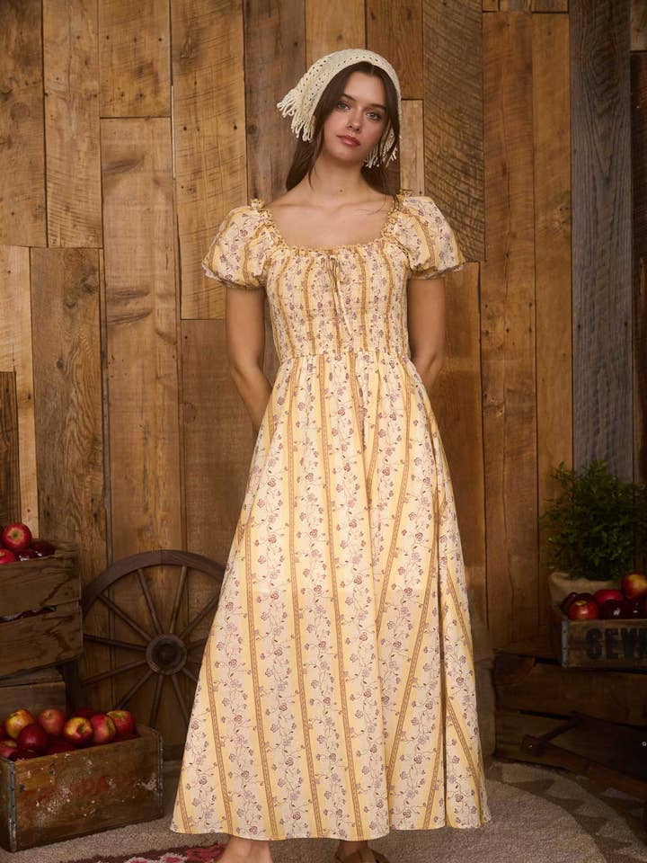 YELLOW MULTI FLORAL STRIPE PATTERN SMOCKED MIDI DRESS for wholesale on Faire