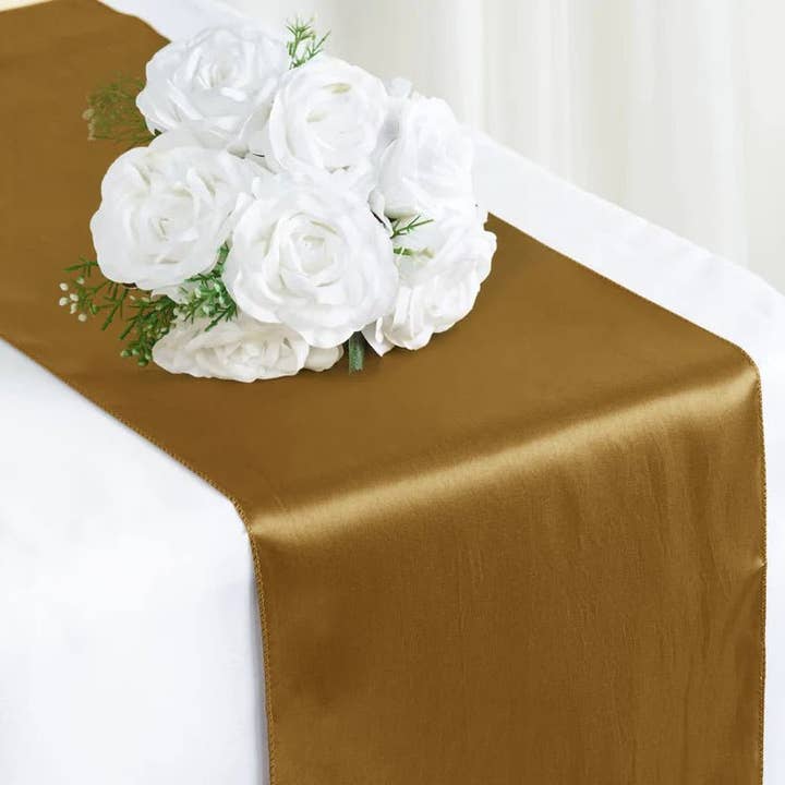 Party Expo, LLC - Venta al por mayor Caminos de mesa - Camino de mesa satinado dorado de 12 x 108 pulgadas