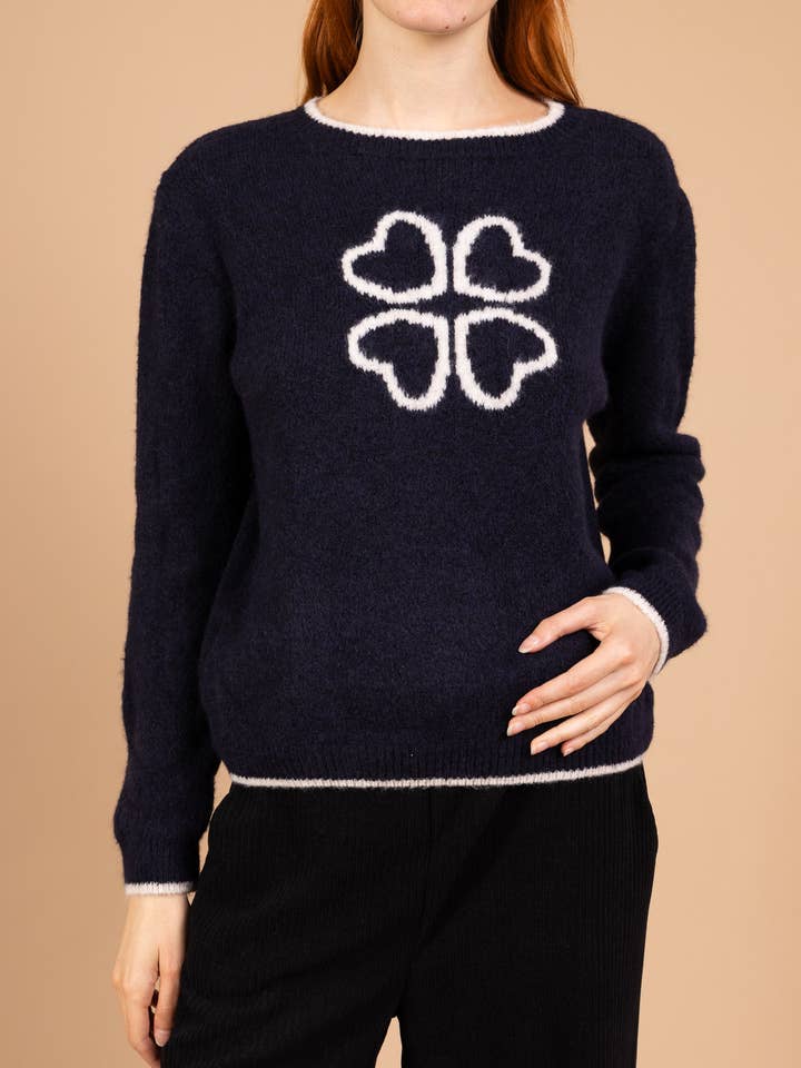 Soft wool sweater with clover heart pattern PP2503 for wholesale by Pépouz' Paris