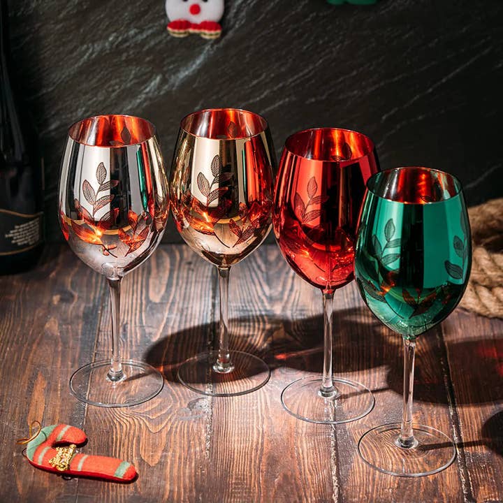 The Wine Savant / Khen Glassware - Wholesale Wine Glass - Etched Multicolor Christmas Stemmed Wine Glasses Set of 4 -