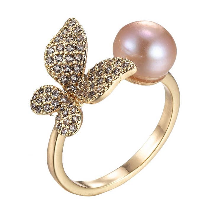 Bague papillon en perle Bague ouverte ajustable en or O973 pour la vente par Aim Eternal
