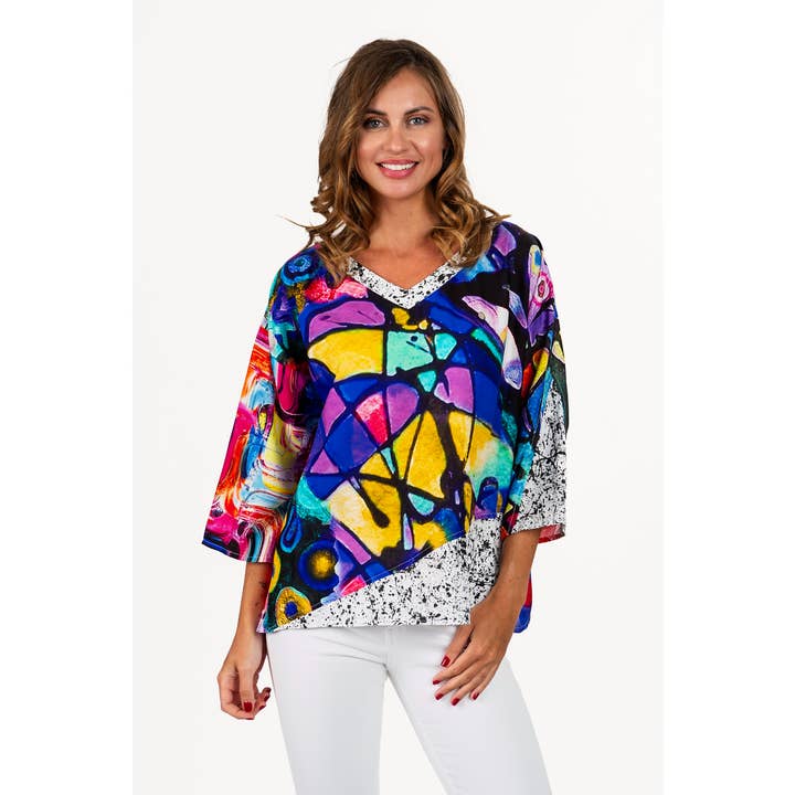 Handprinted V neck top with dolman sleeve for wholesale by Lemon Grass