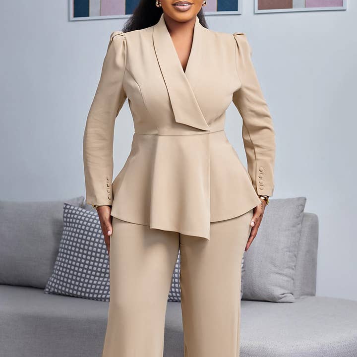 Conjunto Elegante de Top com Folhos e Calças de Perna Larga para Mulheres por atacado de DREAM VERA APPAREL