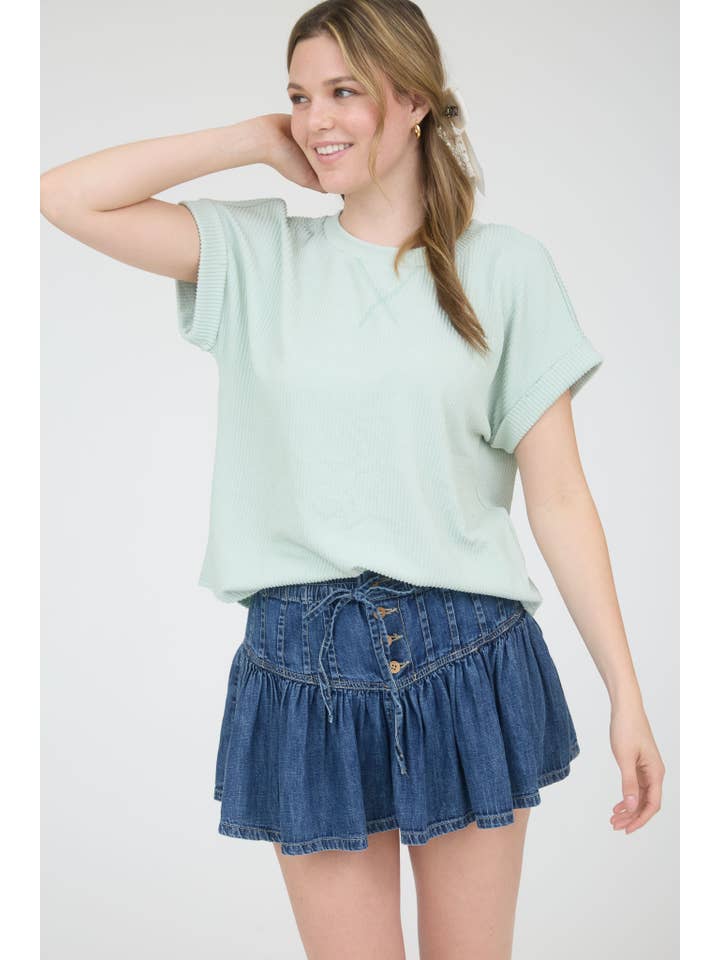 J.O.A - Wholesale Knit Top - Women's - CREW NECK SHORT CUFF SLEEVE RIBBED KNIT TOP