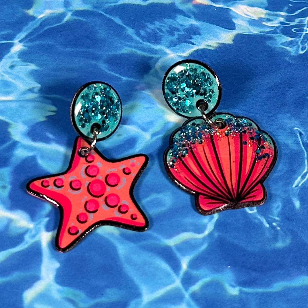 Sea Pixie Designs – wholesale Dangle earrings – Glitter Starfish & Shell Mismatch Dangle Earrings, Coastal3