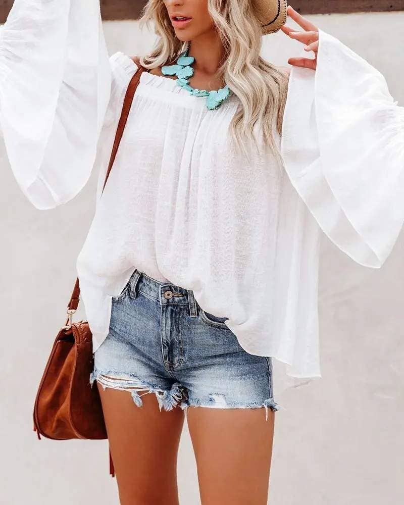 Fashion Combination - Wholesale Blouse - Women's - frill hem off shoulder bell sleeve top28