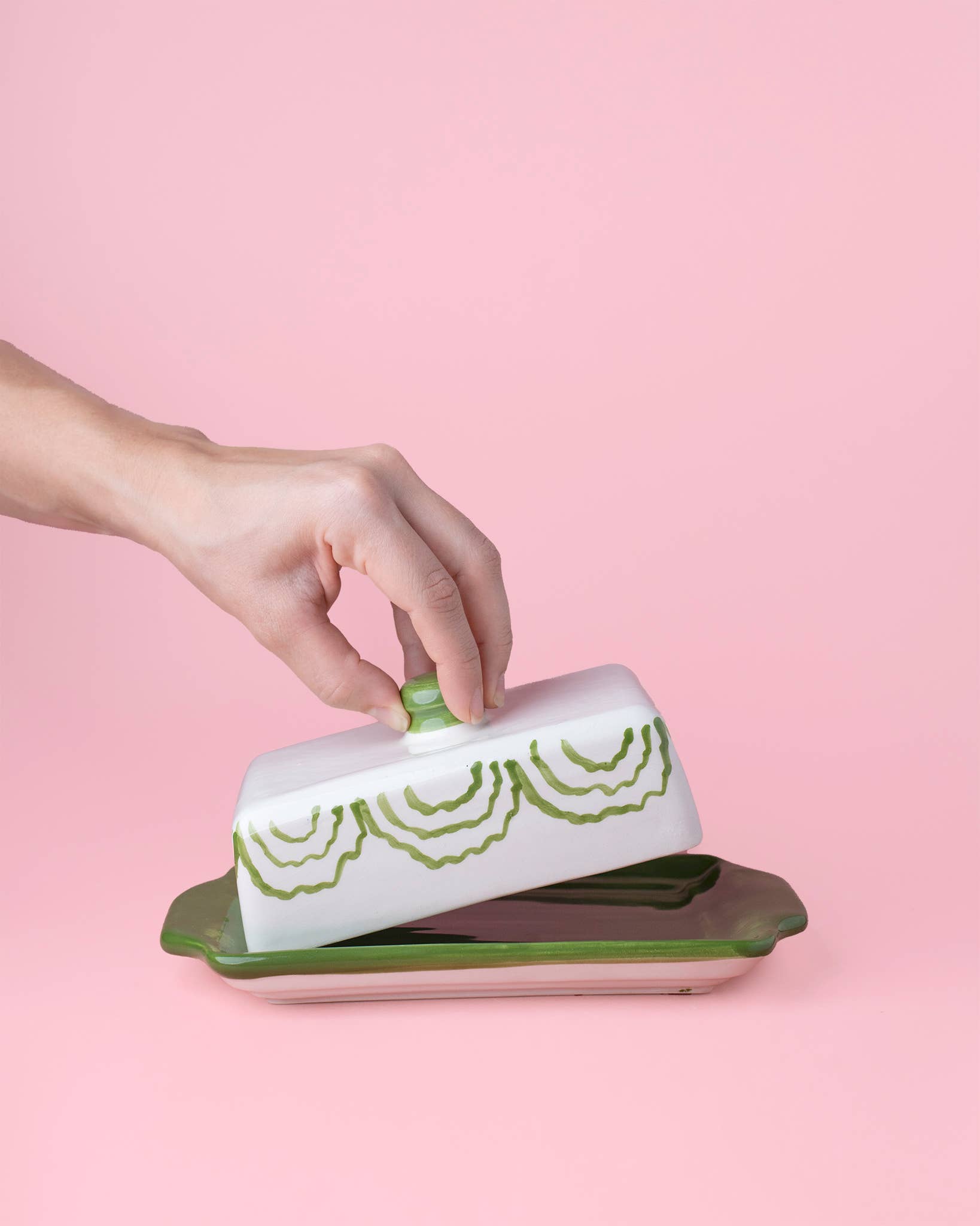 Alfar Tierra Cocida - Wholesale Butter Dish - Artisanal Ceramic Butter Dish – Green & White / ROOTS3