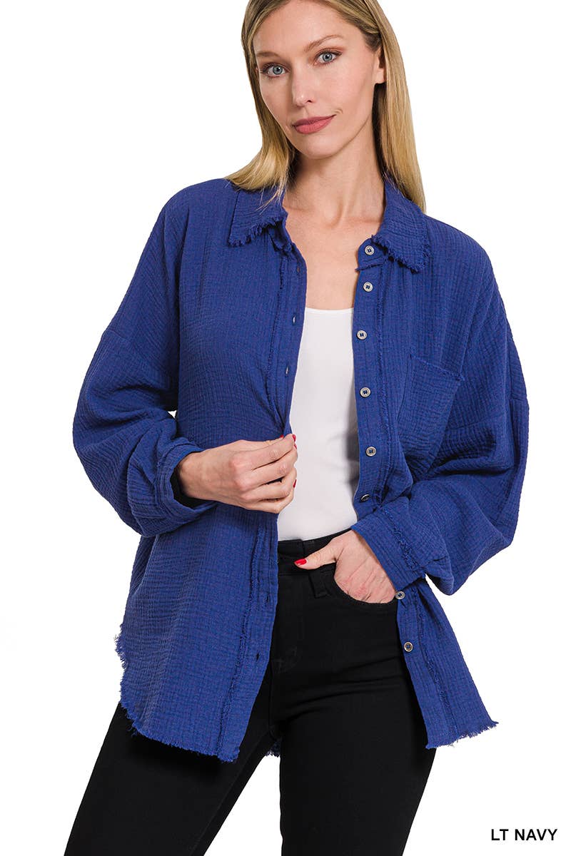 42POPS - Wholesale Button Down Shirt - Women's - `.Oversized Raw Edge Shirt W/ Back Patch45