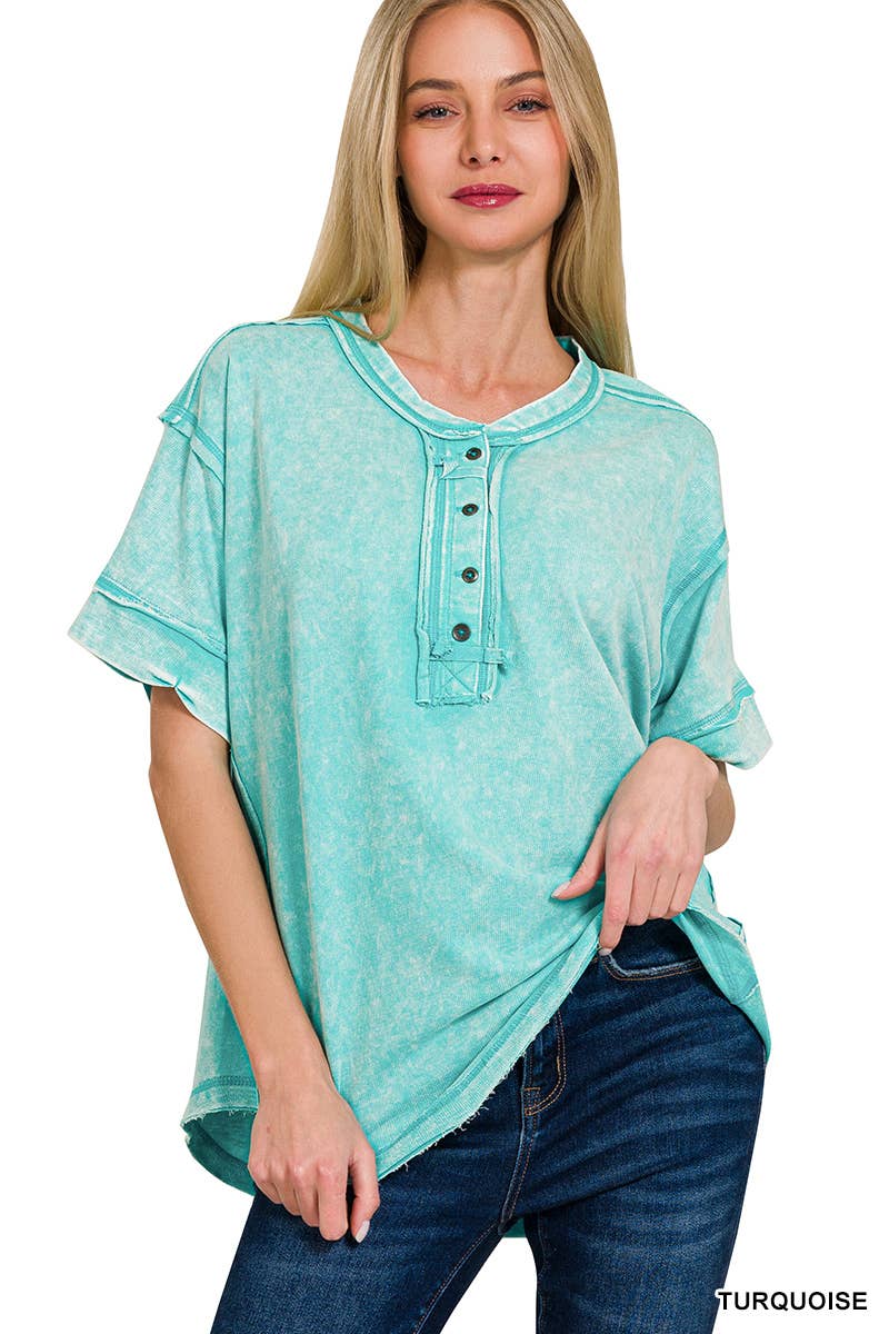 42POPS - Vente Haut en maille – femme - Haut à fermeture boutonnée avec bord brut lavé et détails24