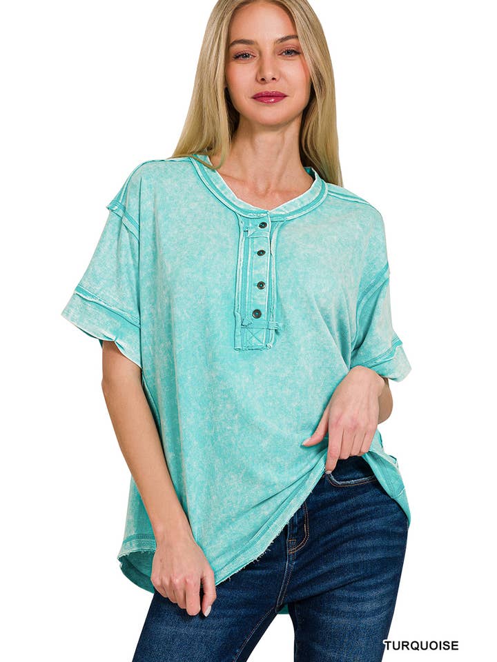 42POPS - Vente Haut en maille – femme - Haut à fermeture boutonnée avec bord brut lavé et détails24