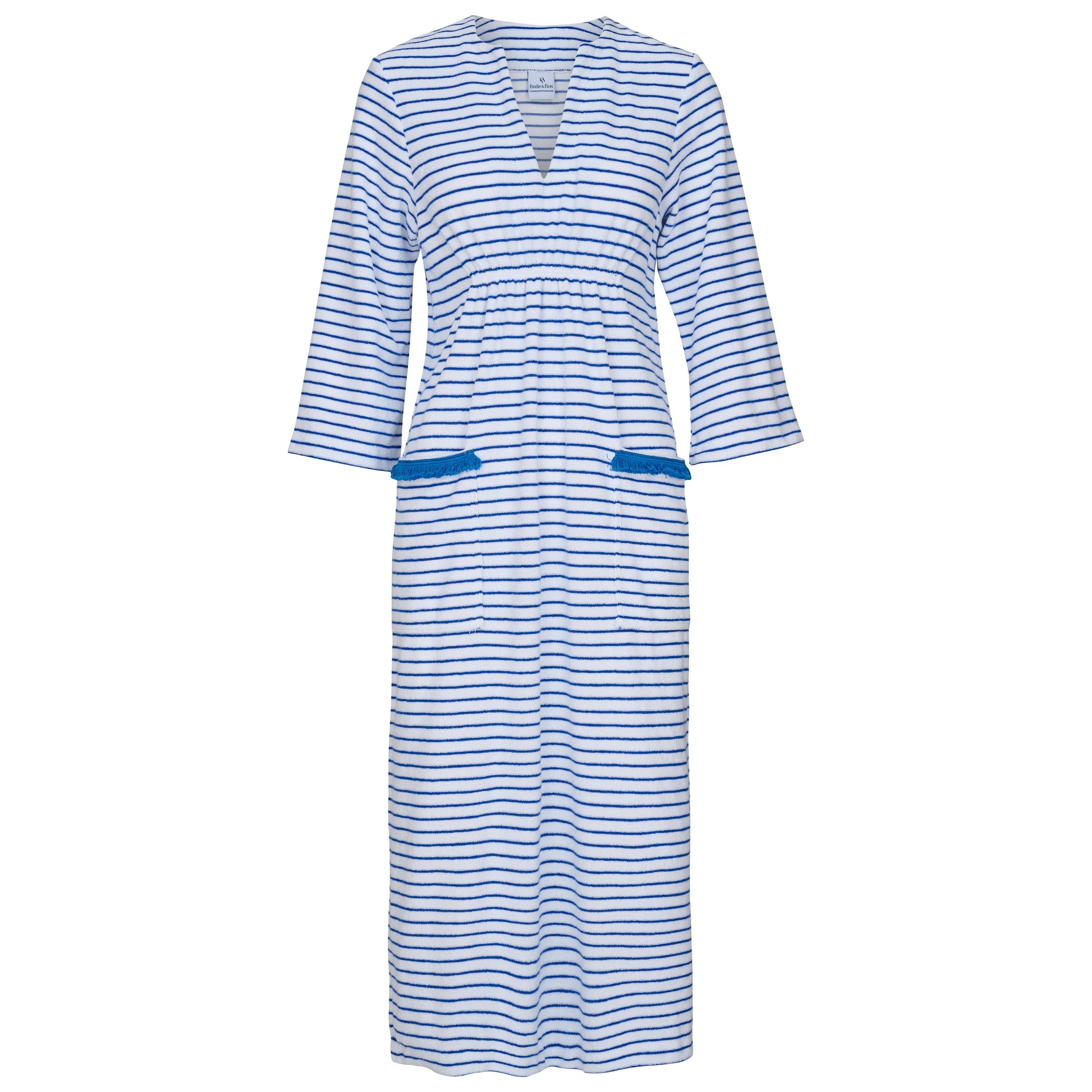 Bridie & Bert – wholesale Swim cover-up – Women’s – Victoria Striped Towelling Beach Dress with Marine Trim1