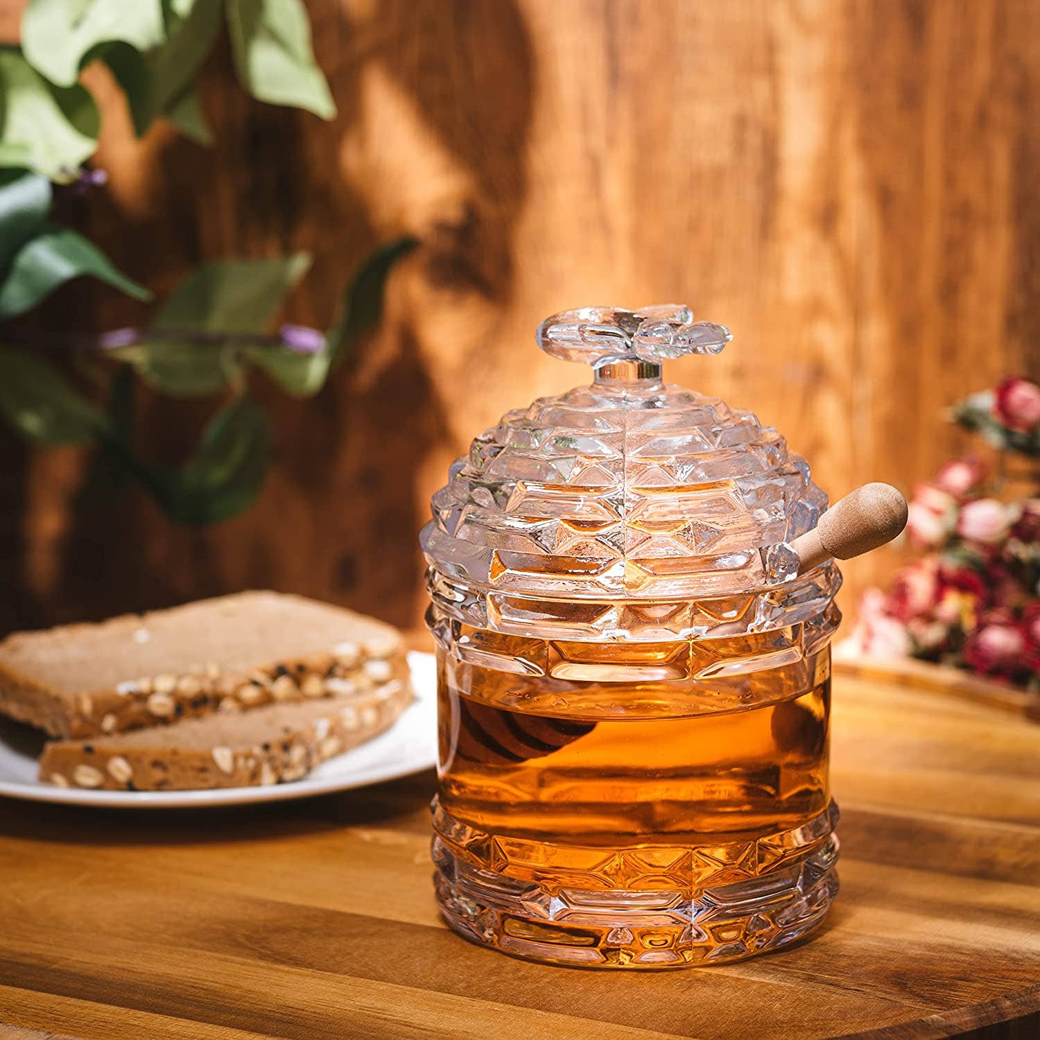 The Wine Savant /  Khen Glassware - Wholesale Honey Pot - Bee Honey Jar, Rosh Hashanah 5" H - Glass Honey Pot6