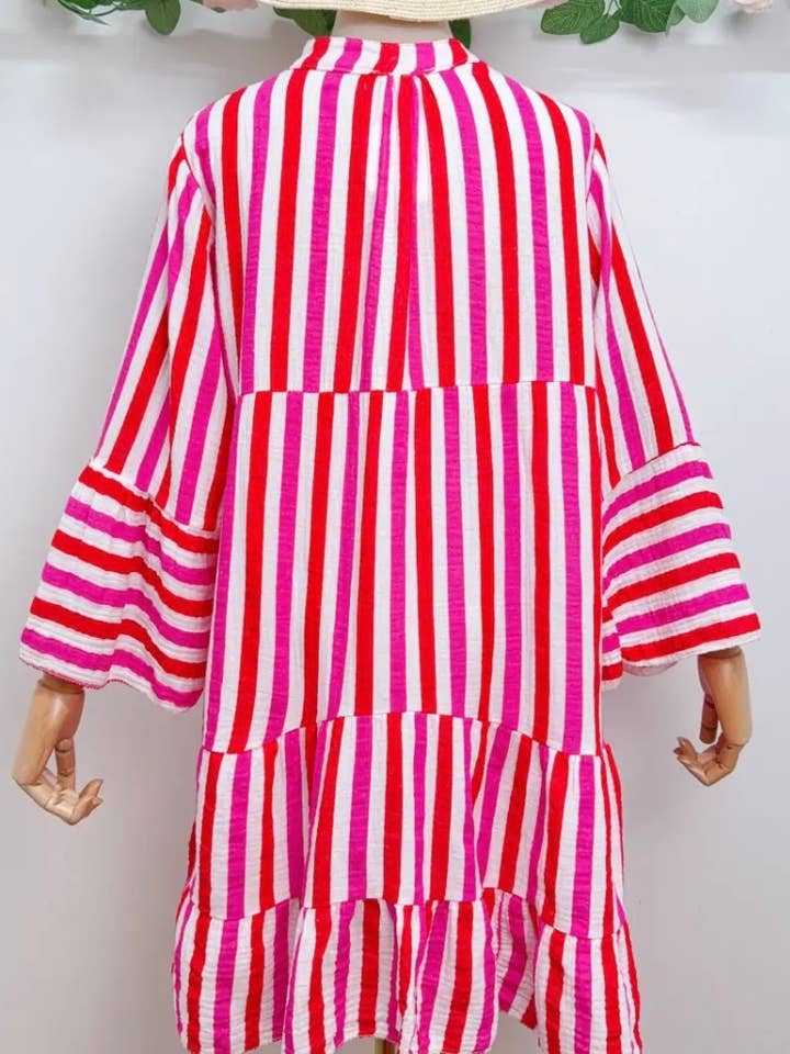 LOOWIE - Wholesale Dress - Women's - SVO42 Red One Size Italian Striped Short Printed Dress