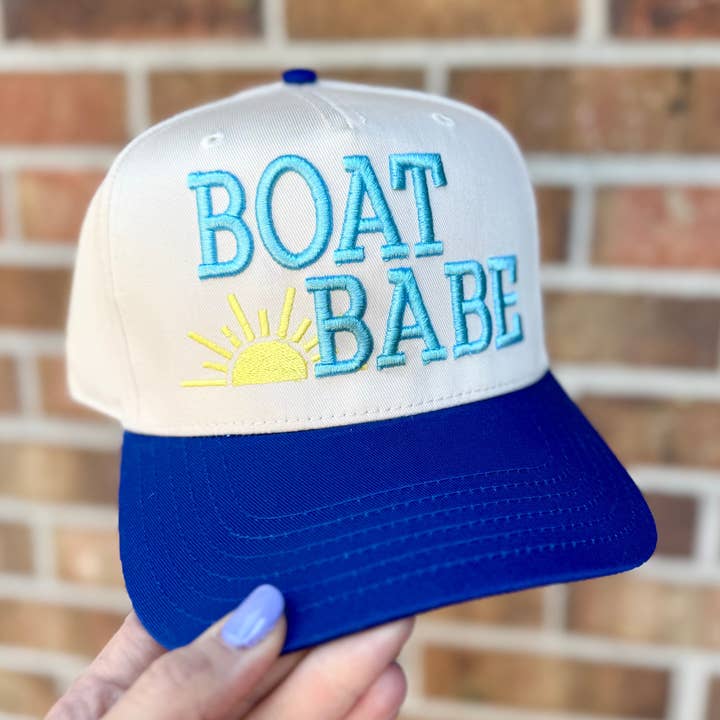Boat Babe Trucker Hat – Women’s Lake Hat, Boating Babe Hat, Summer Trucker Cap, Lake Day Outfit, Nautical Hat, Beach Boat Babe for wholesale by Swain Co. Embroidery & Press