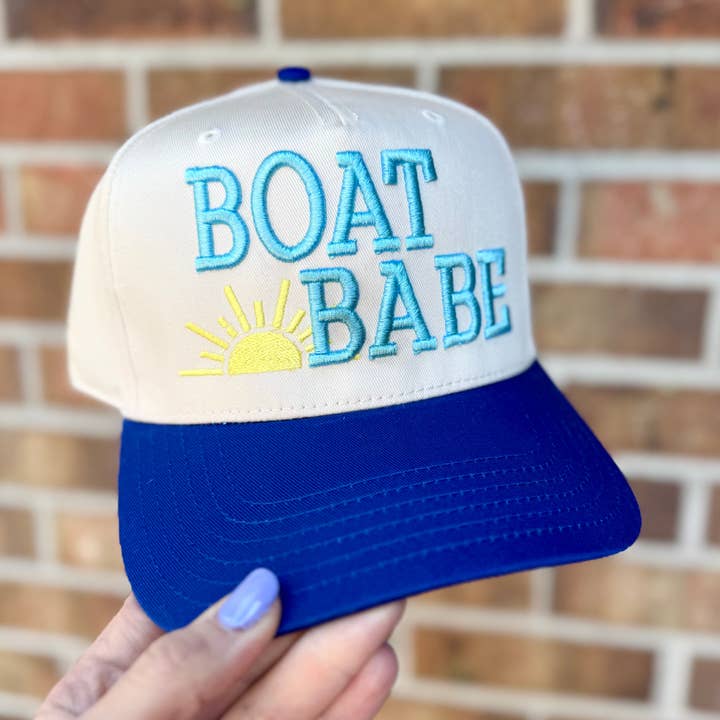 Boat Babe Trucker Hat – Women’s Lake Hat, Boating Babe Hat, Summer Trucker Cap, Lake Day Outfit, Nautical Hat, Beach Boat Babe for wholesale by Swain Co. Embroidery & Press