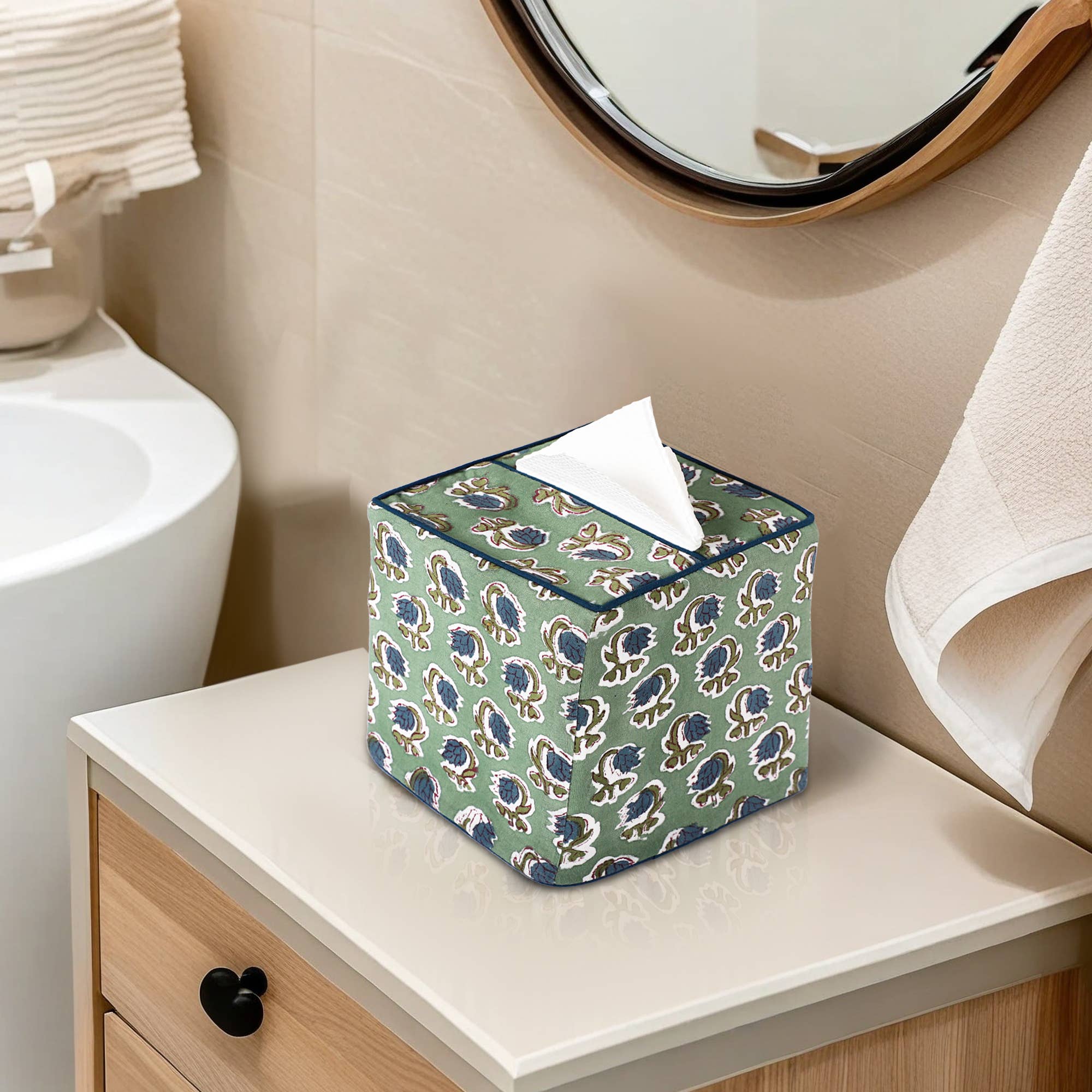 Fabricrush - Wholesale Tissue Box - Fabricrush New Basil Green Hand Block Print Tissue Box Cover1
