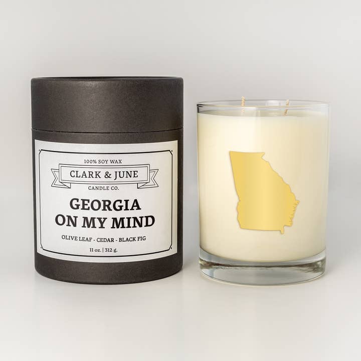 Georgia on My Mind |Olive Leaf-Cedar-Blk Fig 11oz Soy Candle for wholesale by Clark & June Candle Co.