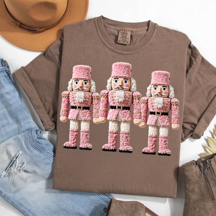 Glaime - Wholesale T-Shirt (Graphic) - Women's - Faux Yarn Crochet Pink Nutcrackers Shirt, Christmas Sweater3