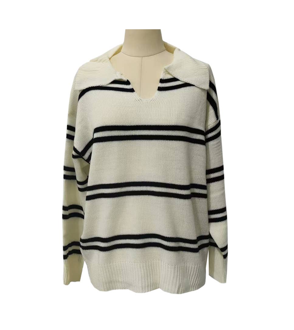 Rosa Clothing - Wholesale Knit Sweater - Women's - Casual Polo Collar Striped Contrast Sweater