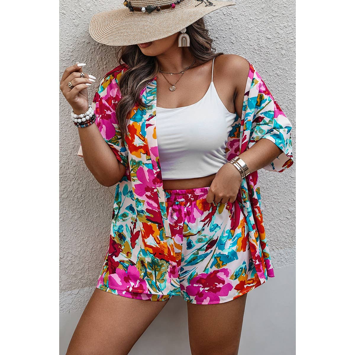 FUCHSIA Plus Size Floral Print Open Front Shorts Sets for wholesale on Faire1