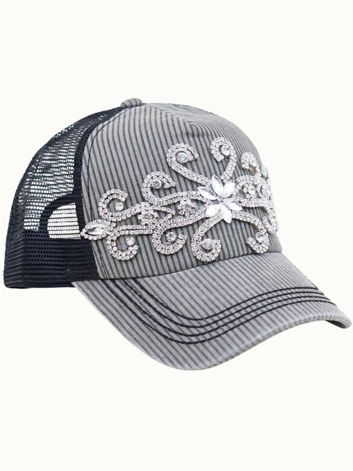 Berretto da camionista con vite floreale e gioielli luccicanti, regolabile per la vendita all'ingrosso da parte di Olive & Pique