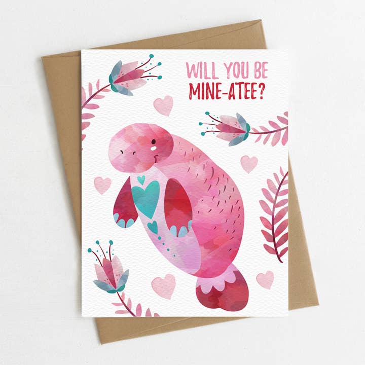 Funny Valentine's Day Card, Manatee, Will You Be Mine-atee? for wholesale by Blue Thistle