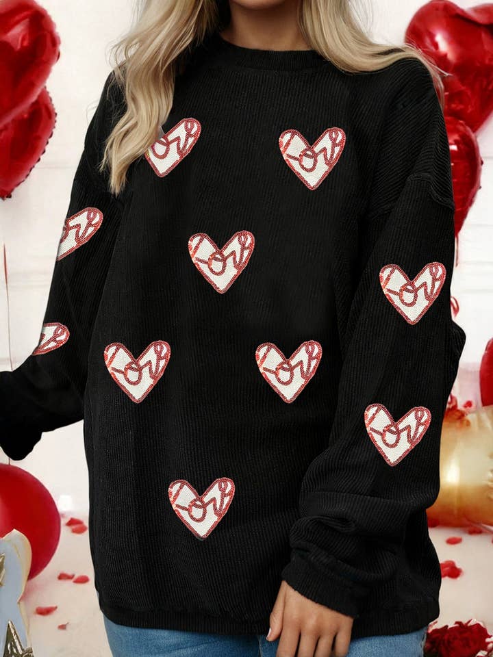 LDC Ribbed Love Heart Sequin Patched Graphic Sweatshirt for wholesale by Little Daisy Closet