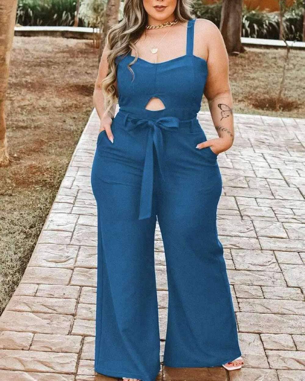 BLUE stylish plus size wide leg jumpsuit for wholesale on Faire