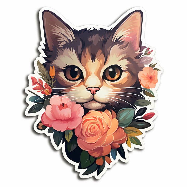 Autocollant imperméable en vinyle Kitty Kat Flowers pour la vente par Elizarae Co.