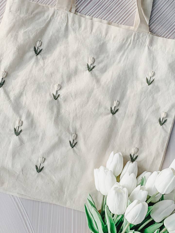 White Tulips Hand Embroidered Tote Bag for wholesale by Classical Gardens