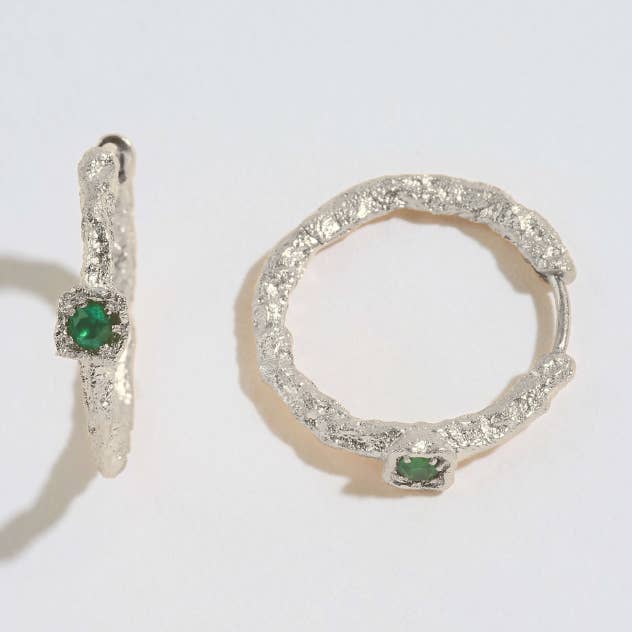 Chalcedony Lichen Branch Silver Medium Hoops for wholesale by Claire Hill Designs