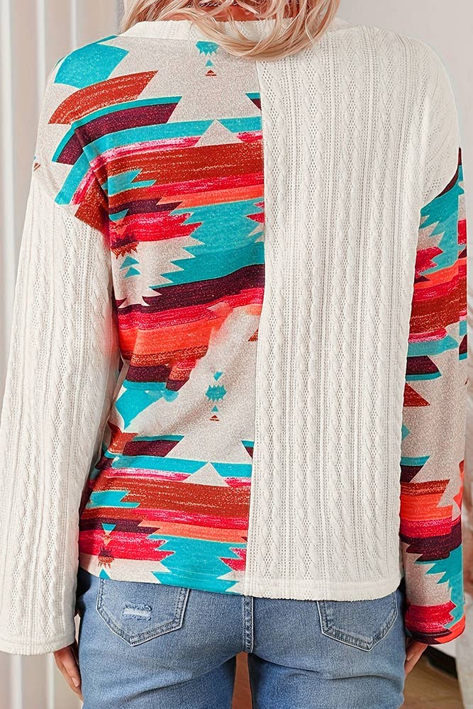 UNISHE – wholesale Knit top – Women's – Aztec Splicing Long Sleeves V Neck Western Knitting Top ZK10832