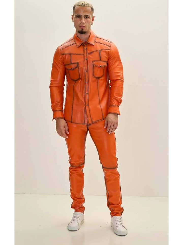 TEINTE ORANGE Chemise pour homme en cuir d'agneau véritable teintée orange en vente sur Faire1